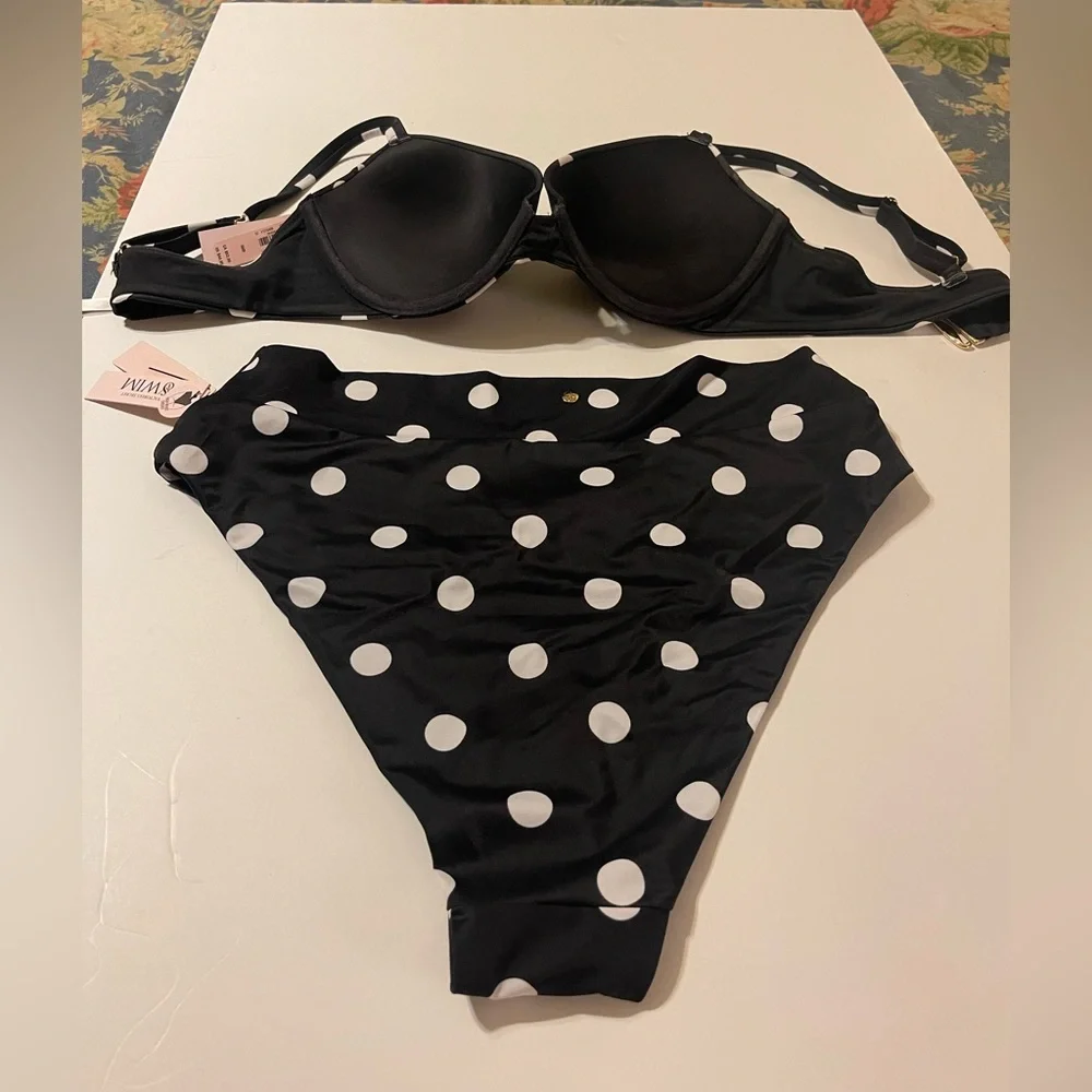 NWT Victoria's Secret Black White Polka Dot Two Piece Bathing Suit LG Bottom 38B - Picture 3 of 9